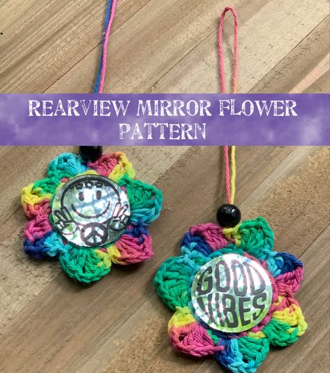 Crochet Rearview mirror flower pattern Crochet Rearview Mirror Decoration Free, Rearview Mirror Crochet Patterns, Crochet Rearview Mirror Decoration Free Pattern, Crochet Rearview Mirror, Car Mirror Hangers, Charm Ideas, Mirror Pattern, Selling Ideas, Crochet Car