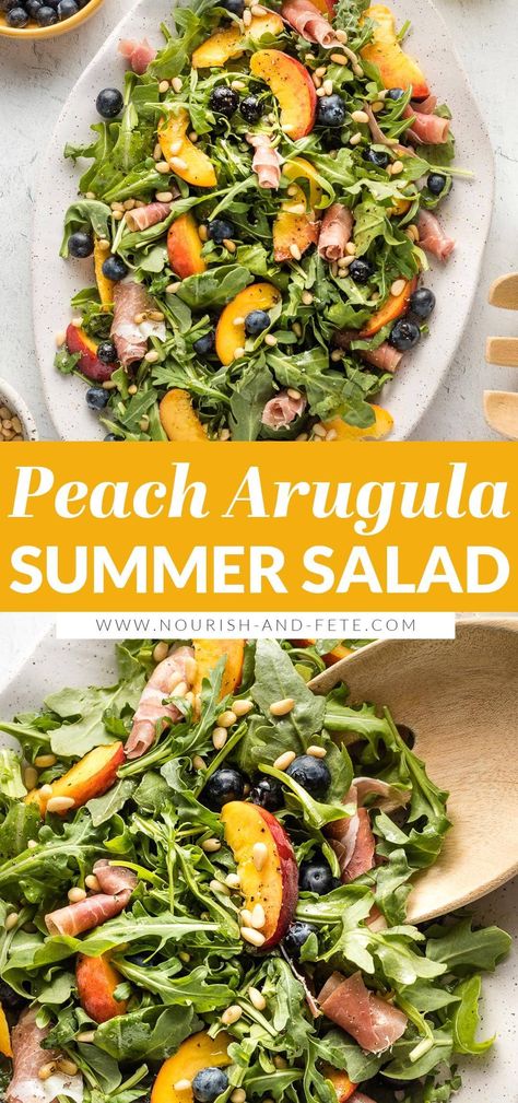 Peach Arugula Salad, Great Salad Recipes, Cottage Food, Arugula Recipes, Arugula Salad Recipes, Fresh Summer Salad, Peach Salad, Dinner Party Summer, Nice Dinner