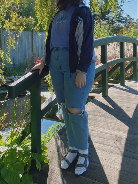 tags: aesthetic outfit ideas inspo inspiration plus size jeans socks and sandals blue moon tevas windbreaker Socks And Tevas Outfit, Teva Sandals With Socks Outfit, Teva With Socks, Socks With Sandals Aesthetic, Tevas And Socks, Moonsaga Socks, Sock Outfits, Aesthetic Outfit Ideas, Blue Sandals