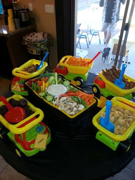 Toy Dump Trucks for Snacks for a Boys Birthday Party! Blaze Birthday, Dump Truck Birthday, Construction Theme Birthday Party, Transportation Birthday, Construction Birthday Parties, Monster Truck Birthday, Trucks Birthday Party, Cars Birthday Parties, Construction Birthday