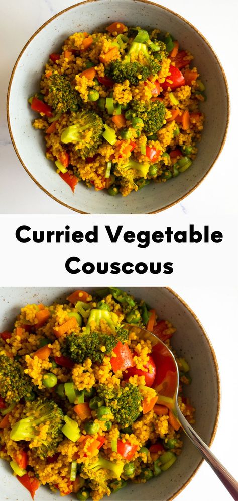 This curried vegetable couscous recipe is perfect for a quick, healthy, and delicious dinner! It is super flavorful, full of nutritious vegetables, and pairs perfectly with a variety of main dishes if served as a side dish. #couscous #healthy #recipe #dinner #easy Vegan Couscous Recipes, Vegetable Couscous Recipes, Couscous Healthy, Curried Couscous, Couscous Dishes, Paleo Vegetarian Recipes, Vegetable Couscous, Couscous Recipe, Vegetarian Recipes Lunch