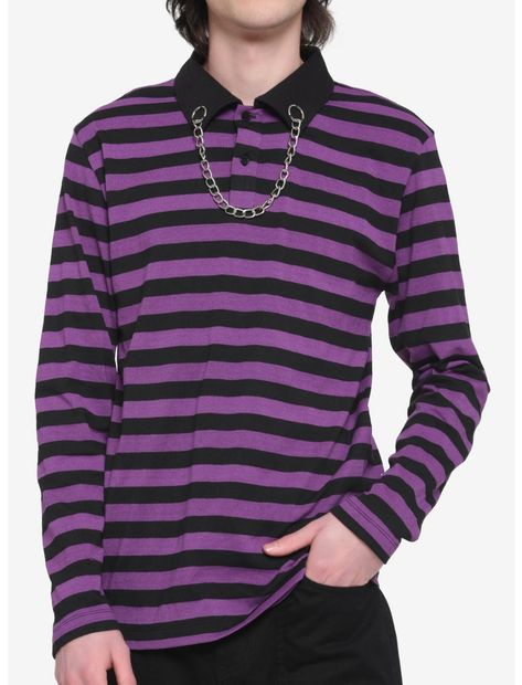 Guy Clothes Aesthetic, Mall Goth Shirt, Scene Shirts, Purple Jumpers, Polo Shirt Outfits, Chain Collar, Jumper Outfit, Stripe Outfits, Purple Outfits