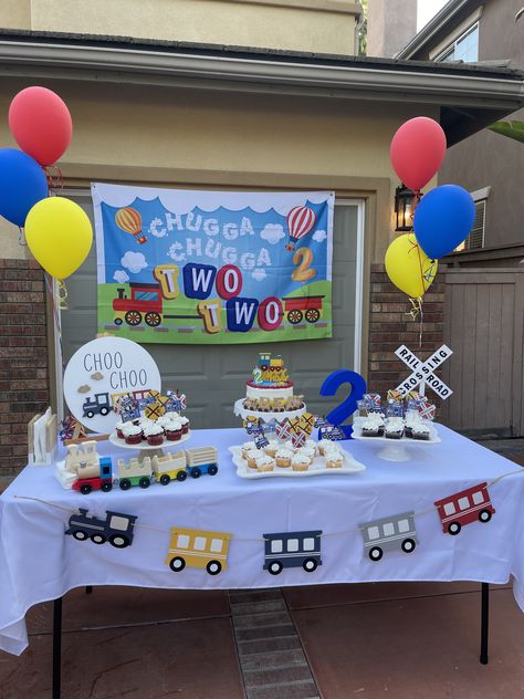 Train sign. Train Birthday Party Decor Ideas. Dessert Table. Kids Birthday Party theme. Chugga Chugga two two. Choo Choo I'm Two. Two Choo Party, Thomas Train Birthday Cupcake, 2nd Bday Train Theme, Train Themed Two Year Old Birthday, Choo Choo Train Birthday Party Decorations, Choo Choo Two Party, 1st Birthday Boy Train Theme, Train Two Birthday Party, Train Party Balloons