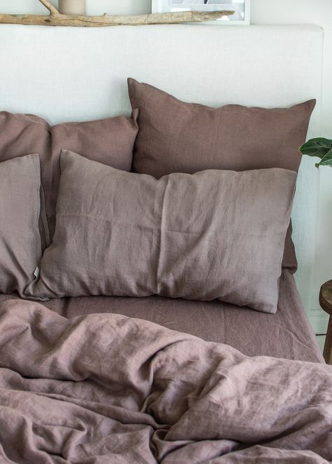 "Rest your mind on this soft and fabulous linen pillowcase in taupe brown! Its calm and stylish taupe brown tone will make your bedroom especially cozy and will perfectly match interiors with earthy colors. Linen is fully breathable, anti-allergic, ultra-durable and 100% natural. Handcrafted with care in Lithuania from premium local linen. Matches perfectly in color with the rest of our taupe brown selection: duvet cover, top and fitted sheets. If you would like to add these as well, you can ord Black And Beige Bedroom Decor, Taupe Bedding Ideas, Bedroom Inspirations Brown, Mauve Bedding, Taupe Comforter, Lilac Bedroom, Taupe Bedding, Beige Bedroom Decor, Bedroom Purple