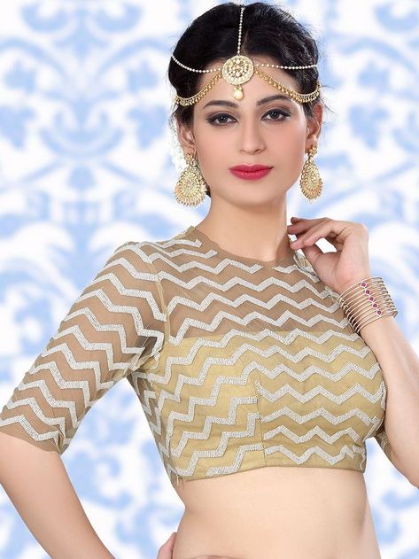 High neck zig zag embroidery net blouse designs Function Poses, Designer Saree Blouse Designs, Golden Blouse Design, Readymade Blouses Online, Saree Jacket Designs, Ready Made Blouse, Full Sleeves Design, Stylish Saree, Designer Saree Blouse