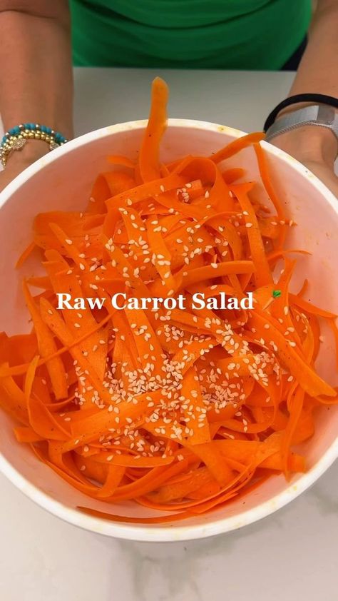 Raw Carrot Salad 🥕 Promotes Liver Health and helps balance hormones! ✨follow @jkhealthyliving for more healthy salad recipes! I try to eat carrots everyday as they are anti inflammatory and anti- oxidant and protect against non alcoholic fatty liver disease. (NAFLD) Follow @jkhealthyliving for more healthy recipes. You need: 3-4 medium size carrots, peeled & shaved Apple cider vinegar Extra Virgin Olive oil Pinch of salt @jenniferfisherkitchen Sesame seeds I didn’t really measure the ingr Pickles Carrots, Apple Cider Vinegar Salad, Vinegar Pickles, Raw Carrot Salad, Vinegar Salad, Pickled Carrots, Raw Carrots, Vegan Salads, Balance Hormones