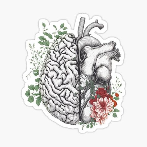 "half brain half heart, quote ispirational, brain or heart and feeling, human heart and brain botanical style" Sticker for Sale by Collagedream | Redbubble Brain Heart Drawing, Half Heart Half Brain Tattoo, Love Psychology, Brain Tattoo, Heart And Brain, Heart Quote, Heart Brain, Half Heart, Brain And Heart