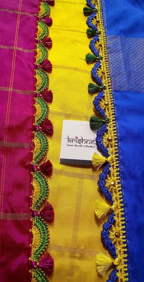 Saree Tussle, Saree Kuchu Designs Latest, Edges Embroidery, Saree Kuch, Saree Tassel, Saree Kuchulu, Floral Blouse Designs, Saree Kuchu New Designs, Saree Jacket Designs