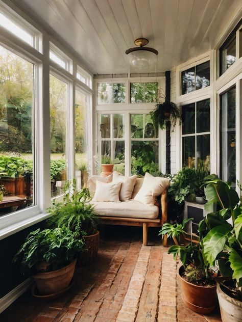 French Sunroom Ideas, Plant Filled Sunroom, Yellow Conservatory, Cozy Lanai, Small Sunroom Ideas On A Budget, All Weather Room, Scandinavian Sunroom, Small Sunroom Decorating Ideas, Brick Sunroom