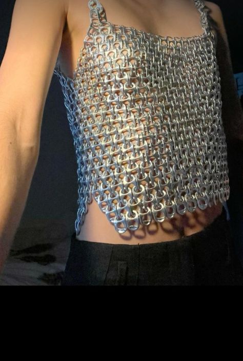 Upcycled Materials Fashion, Soda Tab Dress, Soda Tab Clothes, Can Tab Chainmail, Can Tabs Crafts, Soda Tab Chainmail, Pop Tab Chain Mail, Soda Tab Chain, Soda Can Tab Crafts