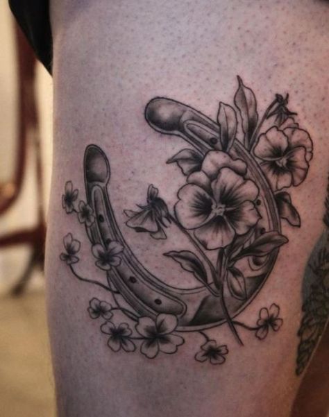 Horseshoe Tattoo With Flowers, Flower With A Face, Floral Tattoo Ideas, Pansy Tattoo, Horseshoe Tattoo, Ring Tattoo Designs, Horse Shoe Tattoo, Anchor Tattoo Design, Celebrity Bodies