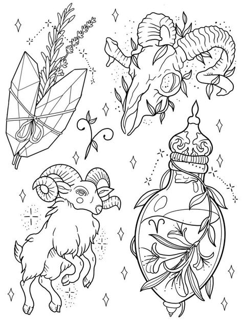 Witchy Flash Tattoo, Cat Kingston, Witchy Tattoo Flash, Kingston Tattoo, Witchy Coloring Pages, Tattoo Coloring Pages, Aries Tattoo, Tattoo Practice, Flash Ideas