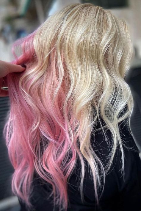 Blonde Lock with Pink Underdye Hair ❤ #lovehairstyles #hair #hairstyles #haircuts Underdye Blonde, Underdye Hair Blonde, Underdye Hair Short, Pink Underdye Hair, Undercolor Hair, Blonde And Pink, Underdye Hair, Hidden Rainbow Hair, Peekaboo Hair