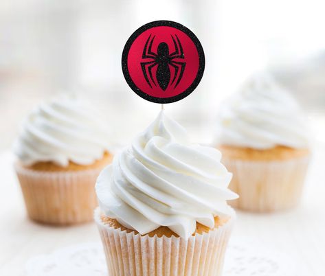 Spider-Man Cupcake Toppers Topper Spiderman Birthday, Topper Spiderman, Spiderman Cupcake Toppers, Spiderman Cupcakes, Spiderman Miles Morales, Spiderman Birthday Cake, Superhero Decorations, Spiderman Miles, Birthday 5