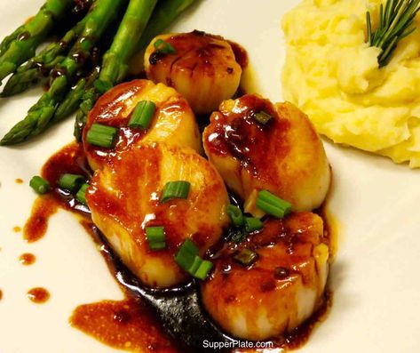 Asian Scallops - Supper Plate-Enjoy Delicious Dinners on a Budget! Asian Scallops, Sauce For Scallops, Twice Baked Potatoes Casserole, Nice Dinner, Asian Sauce, Dinner On A Budget, Scallop Recipes, Fun Dinners, Stay Home