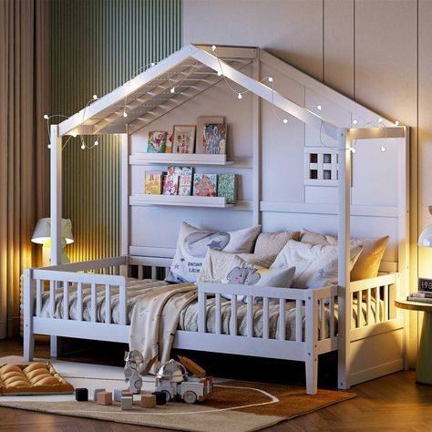 Transform your child's bedroom into a magical retreat with this Twin Size House Bed. Featuring a charming house-shaped frame, this platform bed includes built-in shelves for ample storage, a delightful window for added charm, and a sparkling light strip on the roof to create a cozy and enchanting ambiance. The sturdy construction ensures safety and durability, making it a perfect blend of style, functionality, and comfort for your little one's space. Specifications Size: Twin. Material: Plywood+ Bed With Window, Corner Bed Frame, Canopy Storage Bed, Shelves Window, Twin Size House Bed, Kids Platform Bed, Twin House Bed, Bed With Shelves, Dreamy Space