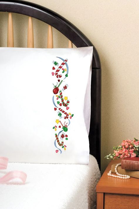 Christmas Candy Pillowcases – Mary Maxim Embroidery Pillowcases, Pillowcase Embroidery, Chalk Paint Brushes, Christmas Embroidery Patterns, Embroidery Christmas, Christmas Pillowcases, Stamp Projects, Cotton Pillow Cases, Craft Accessories