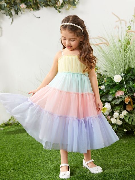 SHEIN Toddler Girls Colorblock Frill Trim Mesh Cami Dress Girls Rainbow Dress, Rainbow Dress Kids, Rainbow Dress Girl, Vestidos Color Pastel, Easter Dresses For Toddlers, Mother Daughter Dress, Kids Dress Wear, Baby Dress Design