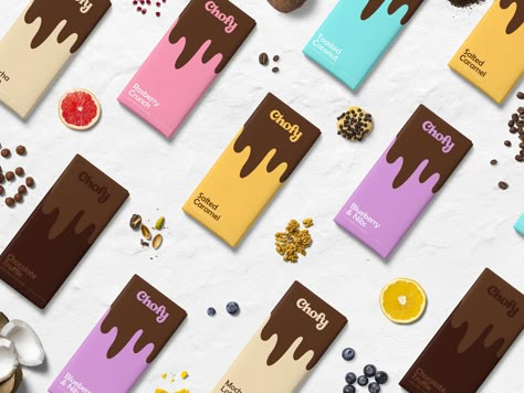 Chofy - Branding & Identity Design for a Chocolate Brand | Colorful, Playful, Hand Lettering Chocolate Bar Brands, Chocolate Bar Design, Chocolate Logo, Chocolate Packaging Design, Chocolate Wrapping, Chocolate Wrappers, Candy Brands, Cool Packaging, Chocolate Design