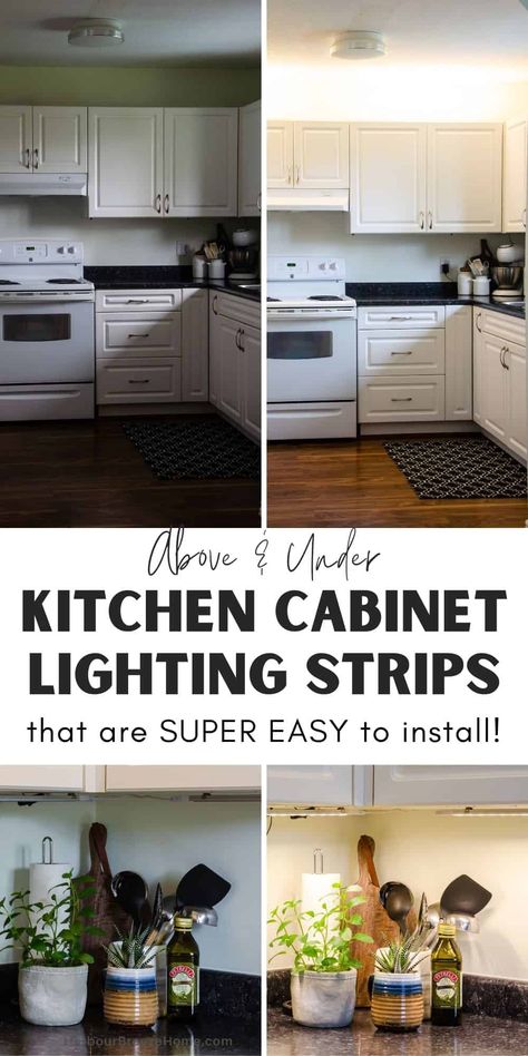 Brighten up your workspace and make your kitchen feel cheerier and larger with this super easy to install ultra slim LED strip light system. No hardwiring is required -just plug them in and they light up! Apartment Under Cabinet Lighting, Led Above Cabinet Lighting, Kitchen Cabinet Uplighting, Over Cabinet Lighting Kitchen, Light Above Kitchen Cabinets, Lights On Top Of Cabinets, Lighting On Top Of Kitchen Cabinets, String Lights Kitchen Cabinets, Diy Cabinet Lighting