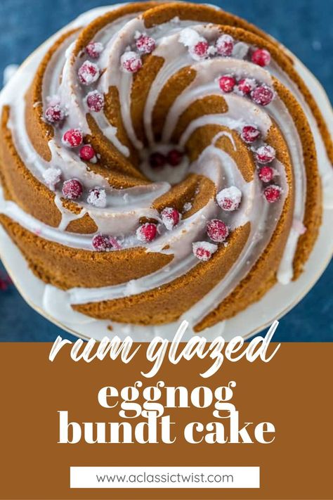 This eggnog bundt cake is moist and lightly spiced with cinnamon and nutmeg and topped with a rum glaze - simple yet impressive for the holidays! Holiday Cake Recipes, Holiday Cakes, Eat Dessert First, Bundt Cake, Best Dessert Recipes, Eat Dessert, Mixed Drinks, Fun Desserts, Small Bowls