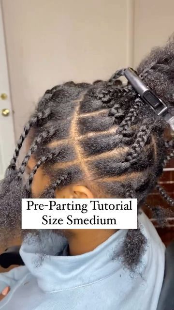 Less Knotless Braids, Smedium Knotless Box Braids Parting Guide, Brick Parting Box Braids Medium, Hair Braid Parting, Single Braids Parting, Small Box Braid Parting Guide, Parting Medium Knotless Braids, Knotless Braids Sizes Chart, Preparting Braids