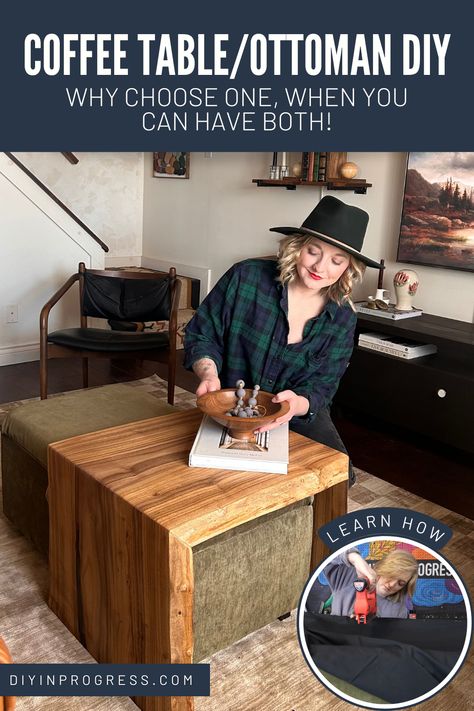 A live edge coffee table fits perfectly over a storage ottoman. Diy Over Ottoman Coffee Table, Ottoman Under Coffee Table, Diy Storage Ottoman Coffee Table, Ottoman Coffee Table Ideas, Over Ottoman Coffee Table, Diy Ottoman Coffee Table, Ottoman Ideas, Diy Storage Ottoman, Waterfall Table