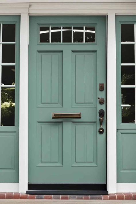 The perfect Front Door Paint Color can make your house stand out and shine. Use one of these best front door paint colors to add curb appeal to your home exterior, #exterior #frontdoor #paintcolors #curbappeal Blue Door Beige House, Accent Color Front Door, White House Turquoise Front Door, Light Blue Green House Exterior, Teal Exterior Door, Tan House With Colored Front Door, Blue Green Door Exterior, Teal Colored Houses Exterior, Seafoam Green Front Door