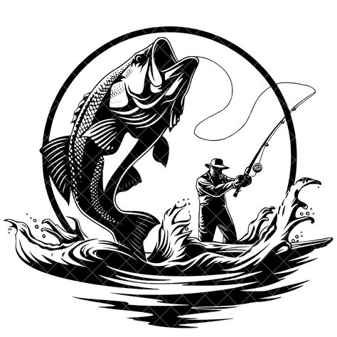 Fishing Sillouhette, Fishing Clipart Black And White, Fishing Svg Cricut, Water Business, Fish Jumping Out Of Water, Bass Fishing Svg, Fishing Svg Bass, Fishing Clipart, Fishing Png