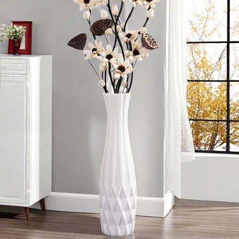 White Ceramic Floor Vase 24" Tall Flower Vase for Pampas Grass Modern Decorative Large Vase with Sleek Glossy Glaze & Simple Origami Design Minimalist Style for Living Room Office Home Decor Tall Floor Vase Arrangements, Flower Vase Ideas For Home, Dried Flower Arrangements Home Decor, Large Vase With Flowers, White Ceramic Floor, Tall Vase Arrangements, Vase For Pampas, Large Vases Decor, Unique Origami