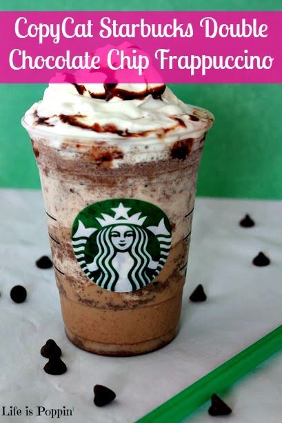 Make your own Double Chocolate Chip Frappuccino Recipe at home and take these bad boys with you! They are super easy and CHEAP to make. Chocolate Chip Frappuccino Recipe, Double Chocolate Chip Frappuccino, Starbucks Frappe, Nonalcoholic Drink, Resep Starbuck, Minuman Starbucks, Drink Recipies, Starbucks Orders, Resep Smoothie