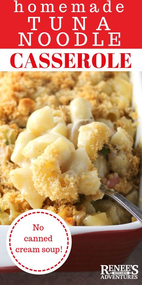 Lighter Cheesy Tuna Noodle Casserole (without Canned Cream Soup) | Renee's Kitchen Adventures - easy recipe for tuna noodle casserole made without cream of anything soup! Family recipe great for an easy dinner. Tuna Noodle Casserole Healthy, Cheesy Tuna Noodle Casserole, Cream Of Anything Soup, Tuna Noodle Casserole Easy, Cream Of Anything, Tuna Noodle Casserole Recipe, Tuna Casserole Easy, Canned Tuna Recipes, Tuna Casserole Recipes