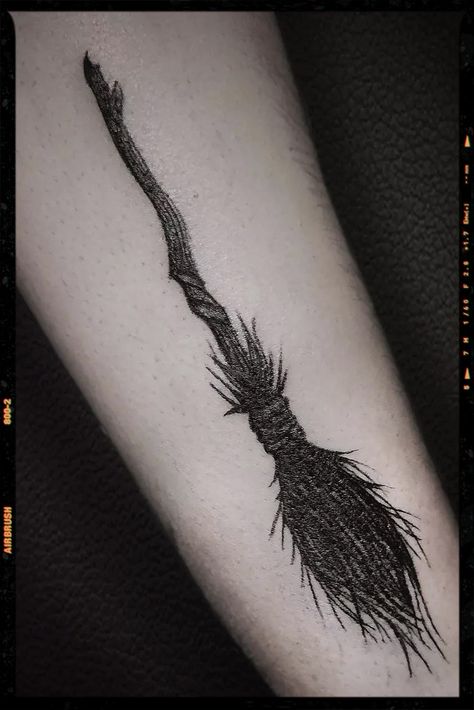 Magic Broom Tattoo Inspiration Witch Riding Broom Tattoo, Witch’s Broom Tattoo, Witch Hat And Broom Tattoo, Broom Stick Tattoo, Witches Broom Tattoo, Witch Broom Tattoo, Broomstick Tattoo, Broom Tattoo, Wicca Tattoo