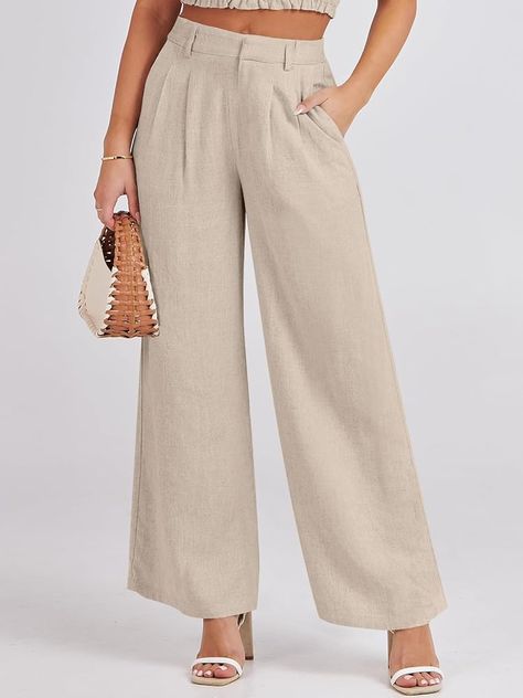 Caracilia Women's Wide Leg Linen Palazzo Pants High Waisted Business Casual Trousers Loose Pleated Dressy Pants with Pocket Linen Trousers Outfit, Trousers Outfit Casual, Linen Palazzo Pants, Model Celana, Business Casual Trousers, Trouser Outfit, Pants High Waisted, Dressy Pants, Linen Pants Women