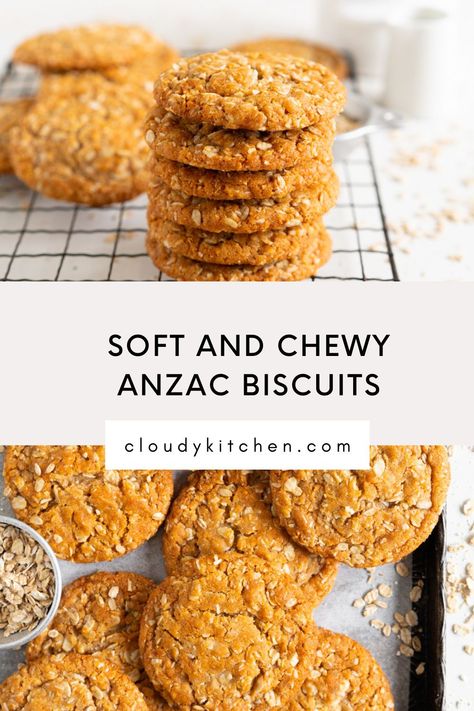 Australian Biscuit Recipes, Chewy Anzac Biscuit Recipe, Anzac Biscuits Healthy, New Zealand Cookies, Chewy Anzac Biscuits, Anzac Cookies Recipes, Anzac Slice Recipe, Anzac Biscuits Recipe, Anzac Biscuits Chewy