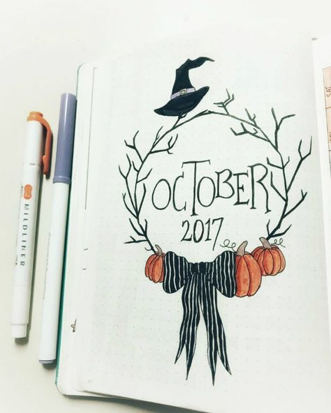 Halloween theme bullet journal layouts including October monthly cover page by @murs_bullets_journal42 Bullet Journal Halloween, Journal D'inspiration, Bullet Journal October, Bullet Journal Month, Bullet Journal 2019, Bullet Journal Cover Page, Bullet Journal Mood, Bullet Journal Notebook, Halloween Tags