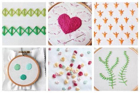 We've found 20 great embroidery stitch tutorials to get you started learning to embroider, including the basic stitches that every beginner to embroidery should learn. All you need to get started is a hoop, some material, needles, embroidery floss and a pair of scissors. Stitches Design, Sulaman Pita, Learning To Embroider, Basic Stitches, Simple Embroidery Designs, Hand Embroidery Tutorial, Embroidery Stitches Tutorial, Embroidery Transfers, Learn Embroidery