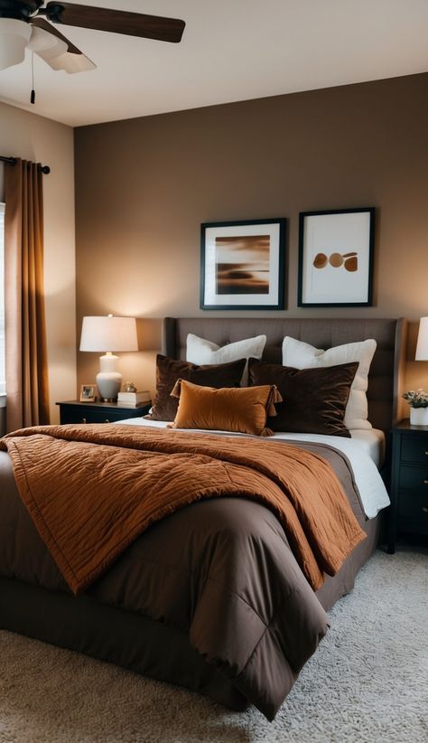 5 Color Palettes to Incorporate Brown into Your Bedroom Home Decor - Dormouse Life Chocolate Brown Room Aesthetic, Brown Bed Set Ideas, Shades Of Brown Bedroom Ideas, Brown Bed Ideas, Room Brown Aesthetic, Brown Master Bedrooms Decor, Brown Orange Bedroom, Brown House Decor, Brown Bedding Aesthetic