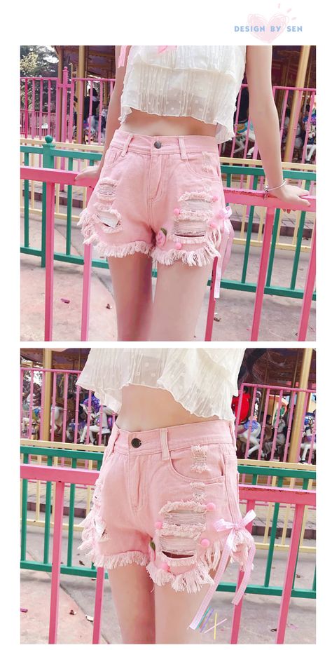 Kids Summer Fashion Girl, Pastel Harajuku, Kawaii Shorts, Bow Jeans, Button Fly Pants, Candy Dress, Kids Summer Fashion, Ripped Denim Shorts, Denim Shorts Women