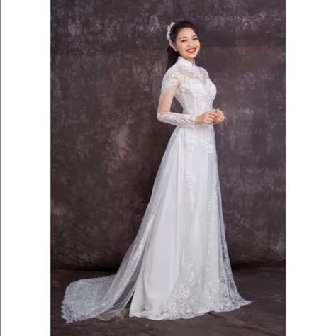 Pre-make Vietnamese Traditional Ao Dai, White Ao Dai With Pant for Girls Women Ao Dai Wedding Party, Bridal Ao Dai, White Dress - Etsy Ao Dai White, Red White Wedding Dress, Bridal Ao Dai, Modern Chinese Wedding Dress, Tea Ceremony Wedding, Vietnamese Wedding Dress, Modern Chinese Wedding, Chinese Fancy Dress, Vietnamese Wedding