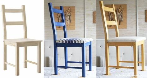 If you're decorating on a budget then you've probably been to Ikea a few times. Check out this easy and budget friendly way to makeover a wooden chair for your dining room or kitchen. #diy #chair #makeover Ikea Chair Hack, Wood Chair Makeover, Ikea Dining Chair, Dining Room Table And Chairs, Dining Chair Makeover, Upcycle Chair, Ikea Dining, Ikea Wood, Blue Accent Walls