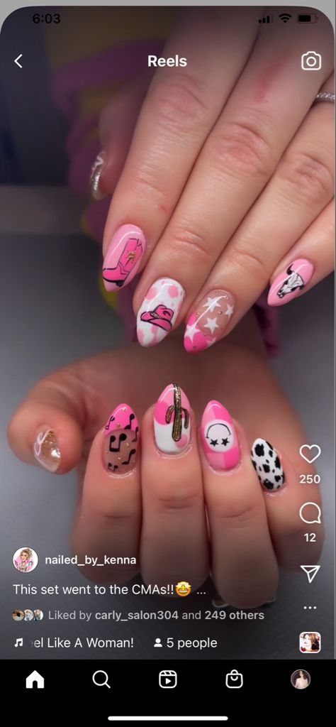 Pink Aztec Nails, Space Cowgirl Nail Ideas, Fun Nashville Nails, Bachelorette Nail Ideas Pink, Luke Bryan Nails, Cowgirl Bachelorette Nails, Hot Pink Country Nails, Dolly Parton Nails Art, Nails For Music Festival