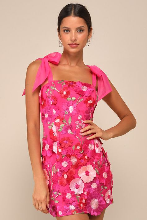 Emphatically Adorable Hot Pink Floral Tie-Strap Mini Dress Mini Hoco Dresses, Hoco Dresses Floral, Fun Hoco Dresses, Pref Dresses, Alabama Outfits, Masquerade Dance, Hobo Dress, Cocktail Dress Floral, Pink Wedding Guest Dresses