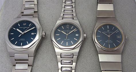 Girard Perregaux - A PuristSPro Exclusive: all 3 Laureato generations with blue Clous de Paris dials side-by- Girard Perregaux, Small Watch, Luxury Watch Brands, Stylish Watches, Very Happy, Side By Side, Watches Jewelry, Blue Hues, Luxury Watch