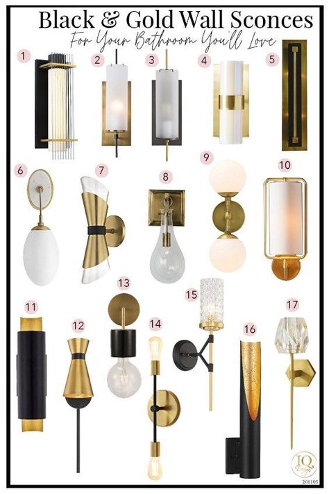 Black and gold wall sconce ideas to update your bathroom, living room or bedroom today. #lighting #sconce Modern Bathroom Sconces, Gold Wall Sconces, Mirror And Sconces, Black And Gold Wall, Gold Sconces, Gold Light Fixture, Gold Wall Lights, Black And Gold Bathroom, Sconces Living Room