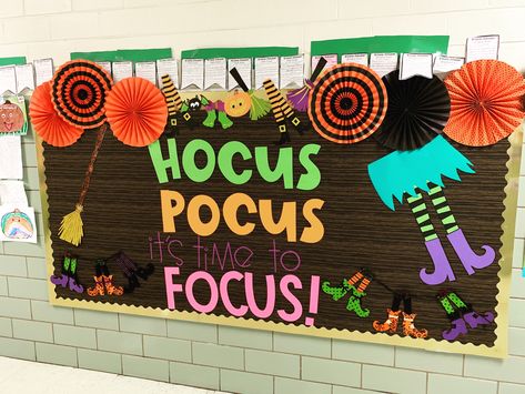 Hocus Pocus Time To Focus Bulletin Board, Halloween Boards Bulletin For School, Halloween Office Bulletin Board Ideas, Teacher Halloween Bulletin Boards, October Poster Board Ideas, Halloween Billboard Ideas For School, Halloween Poster Board Ideas, October Classroom Bulletin Boards, Bulletin Board Ideas For October