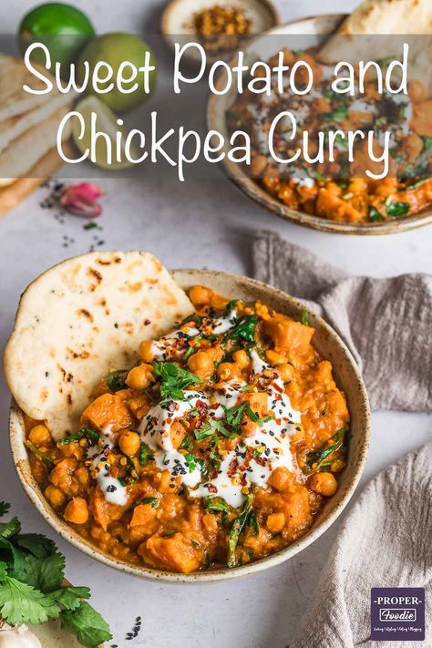 Sweet potato, chickpea & spinach vegetarian curry. A deliciously warming curry with plenty of healthy veg and aromatic spicy flavours | Properfoodie.com Curry With Sweet Potatoes, Potato And Chickpea Curry, Chickpeas And Spinach, Sweet Potato Chickpea Curry, Healthy Curry Recipe, Vegetable Curry Recipes, Potato Chickpea, Chickpea And Spinach Curry, Sweet Potato Curry