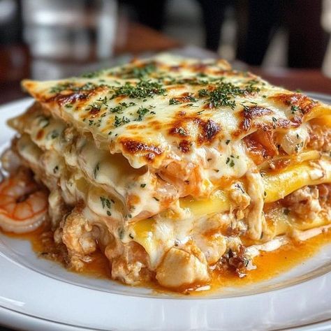 Patrice JustUs Shrimp Lasagna Recipe, Lasagna With Ground Beef, Bacon Lasagna, Seafood Lasagna Recipes, Seafood Lasagna, Seafood Boil Recipes, Recipes Seafood, Jamie Oliver Recipes, Xmas 2024