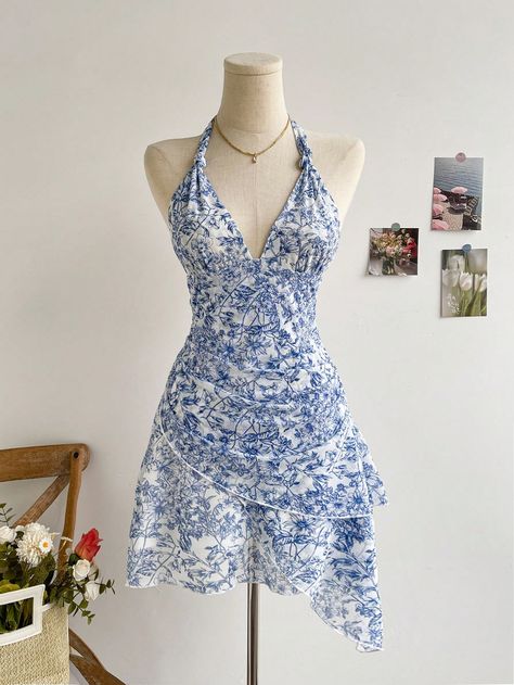 Blue and White Boho Collar Sleeveless Knitted Fabric Floral,Plants,Ditsy Floral,All Over Print Cami Embellished Medium Stretch  Women Clothing Luxury Blue Floral Summer Dress, Cheap Blue Mini Dress For Picnic, Cheap Blue Party Sundress, Cheap Blue Dress For 4th Of July, Blue And White Party Dresses, Vintage Floral Print Dress, Floral Sun Dress, Blue Halter Dress, Halter Top Dresses