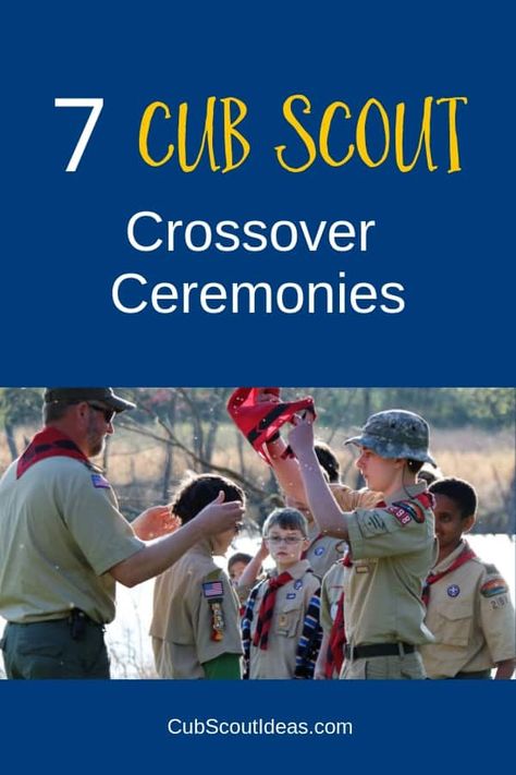 Check out these 7 Cub Scout crossover ceremonies for Webelos and Arrows of Light. Whether the Cub Scouts are crossing an actual bridge or a symbolic bridge, you'll find just the right ceremony script. If your pack has its crossover ceremony during your Blue & Gold banquet, these scripts will make it super special for the Scouts.  #CubScouts #Webelos #ArrowOfLight #BlueGoldBanquet #Crossover #CrossoverCeremonies Cub Scout Bridging Ceremony Ideas, Blue And Gold Cub Scouts, Cub Scout Crossover Ceremony Ideas, Aol Crossover Ceremony, Blue And Gold Ceremony Ideas Cub Scouts, Cub Scout Crossover, Cub Scout Law, Cub Scout Skits, Cub Scout Patches